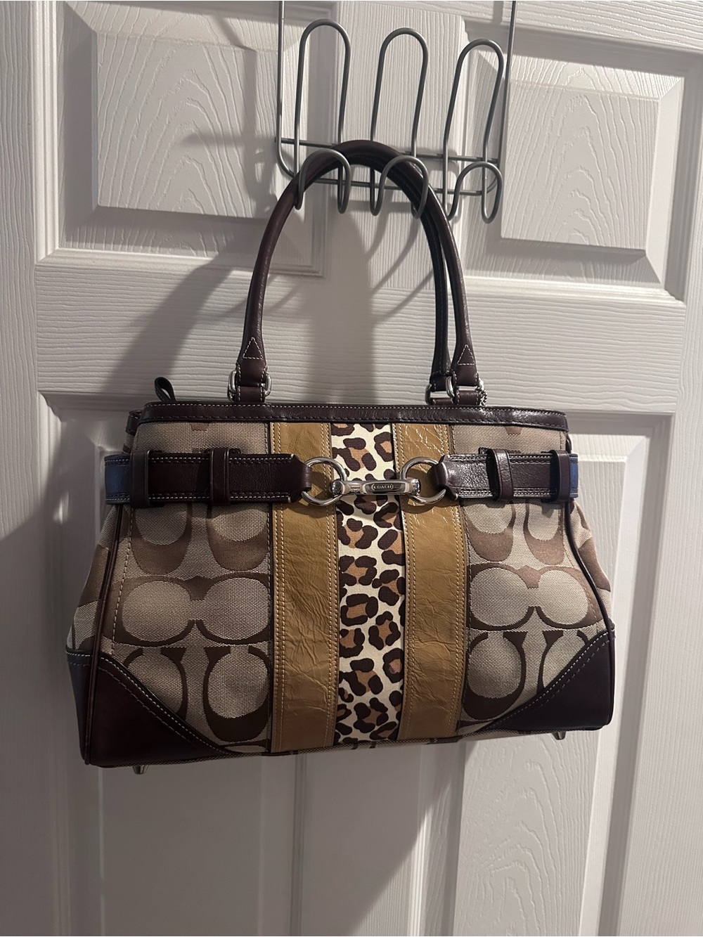 Coach Multicolor Signature Satchel with Leopard Stripe and Brown Leather